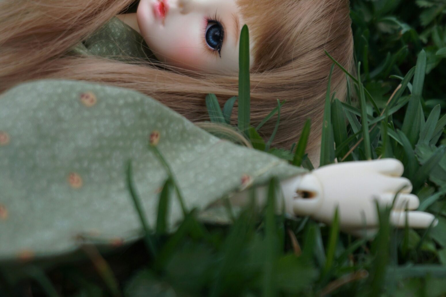 A view of part of a doll, laying in the grass. The doll lays with her head tilted toward the camera and her left hand near her head. She has long, blonde hair, bangs, and blue eyes. She wears a green coat.