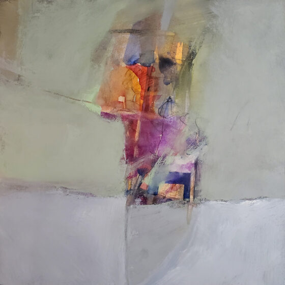 An abstract painting, resembling a colorful, lighted ship against a gray sky and gray water. The ship is colored with blues, purples, oranges, yellows, and reds. There is a gray reflection of the ship in the water.