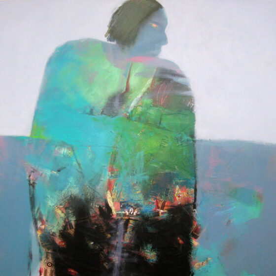 An abstract painting of a person. The skin on their face is blue, their eyes are yellow, and they have short, black hair. They are looking to the right. Their body is made up of blues, pinks, and greens on the top half, and on the bottom half is black with little pictures of red, grandfather clocks inside of them. Behind the person is a half-gray, half-blue background that is split horizontally.