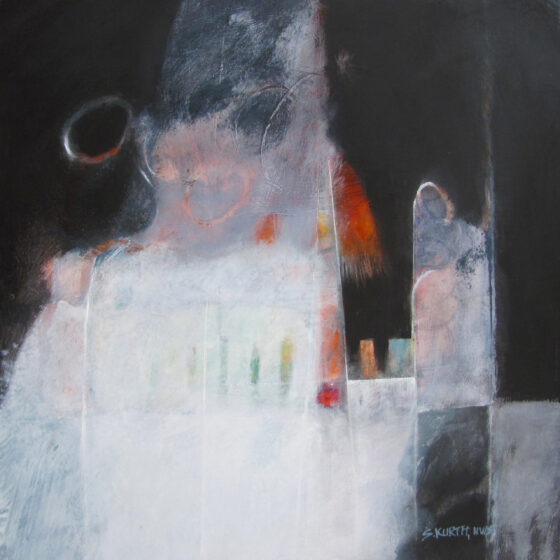 An abstract painting. The background is mostly black, in the shape of what looks like two curtains on a stage. The rest of the painting is is primarily white, with some colors peaking through the white in between the black curtains. On the right is what looks like a person, colored with white and wearing a black cloak that blends in with the curtains. They cast a black shadow onto the white floor.