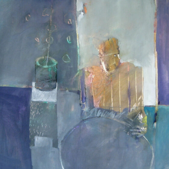 An abstract painting of a man sitting at a round table. The man is colored with yellow, while the rest of the room is colored in shades of blue. He sits in front of a doorway, to the left of which is a potted plant on a stand.