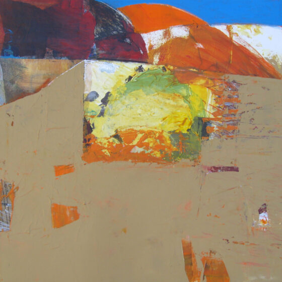 An abstract painting of what looks like a desert landscape. A tan-colored brown covers most of the canvas with one distinct block of white, green, orange, and yellow on the center. On the would-be horizon is a hill on the right, colored with maroon and navy, and a hill on the left, colored with white and orange. The sky is starkly blue, with an orange sun sinking behind the hills.