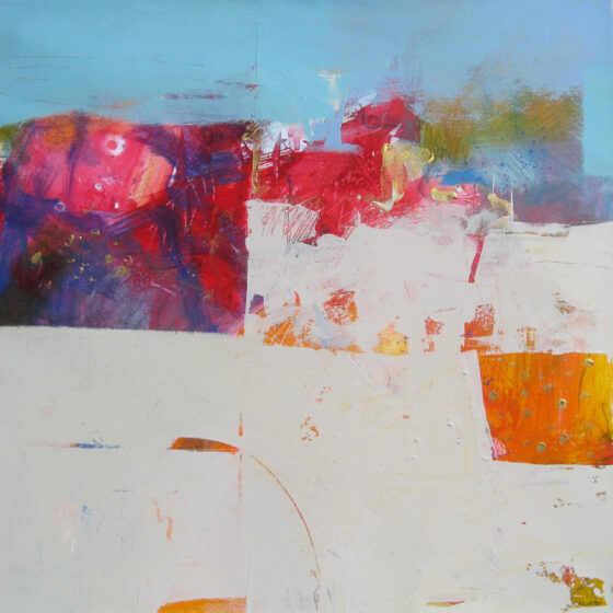 An abstract painting that is primarily white, with one square of orange on the right near the bottom. Another square of pink, red, and dark blue is on the left, near the top. The top, one-fourth of the painting is a teal-blue color.