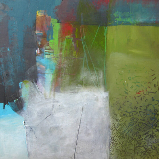 An abstract painting. On the right is a green rectangle that almost meets the top of the page. It contains black symbols that gradient out from the bottom to the top. To its left, taking up the middle-bottom of the page is a white square, which lies to the right of a smaller, light-blue rectangle. On the top of the white square is a square that is primarily green, with a mix of reds, light green, light blue, and yellow. The top and half of the left side of the canvas is a dark-teal color.