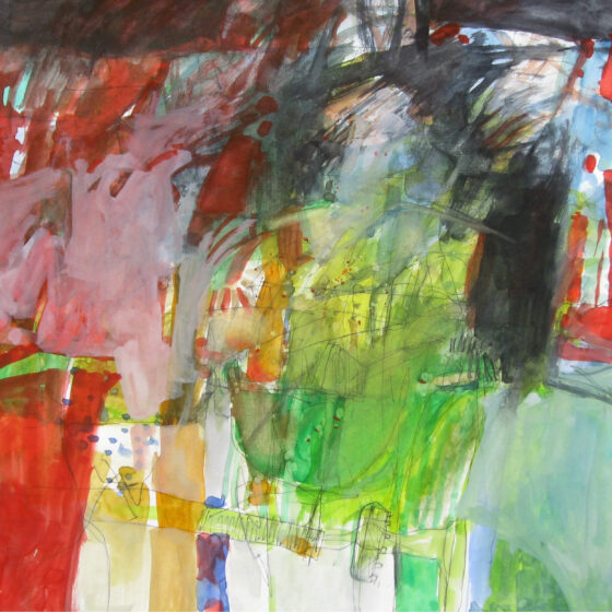 An abstract painting. At the top are darker colors, like black and navy, that cascade into continuously brighter colors, like red, purple, green, yellow, and blue, into white.