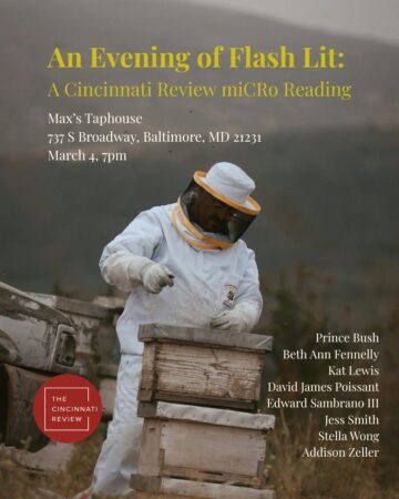 A beekeeper tending to a bee box in full protective suit. Text overlaid on the image indicates the place and time of the event and the names of the readers.