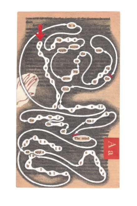 Erasure of text with some words grayed out by pencil and a light orange background. A red arrow indicates where the reader should start. A picture of a hand and a red block with a capital and lowercase "A" lie behind some of the words. The text reads, "Curiosity is a single secret apple growing on the wrong tree. The fruit itself forever out of reach. The mind an apple forever invisible to itself."