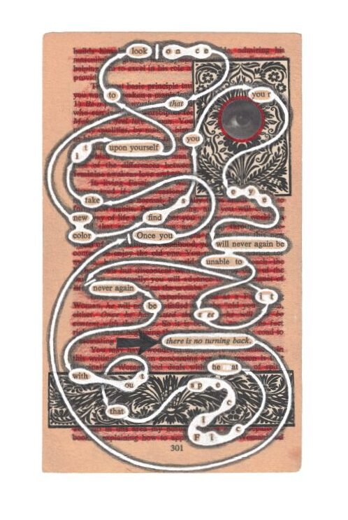 Erasure of text with some words crossed out by red pencil and a light orange background. A black arrow indicates where the reader should start. A grayscale picture of an eye surrounded by scroll work and a rectangle filled with scrollwork lie behind some of the words. The text reads, "There is no turning back. Once you take it upon yourself to look, once that new color finds you, your eye will never again be unable to see it. Never again be without that specific heat."