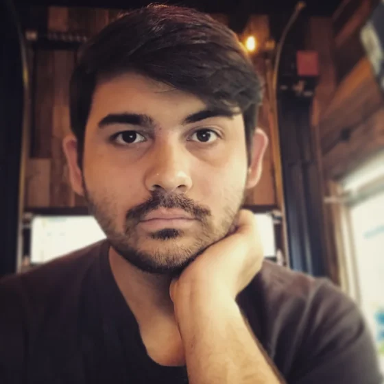 A man with short, dark-brown hair, a beard, and dark-brown eyes. He wears a dark-brown T-shirt.