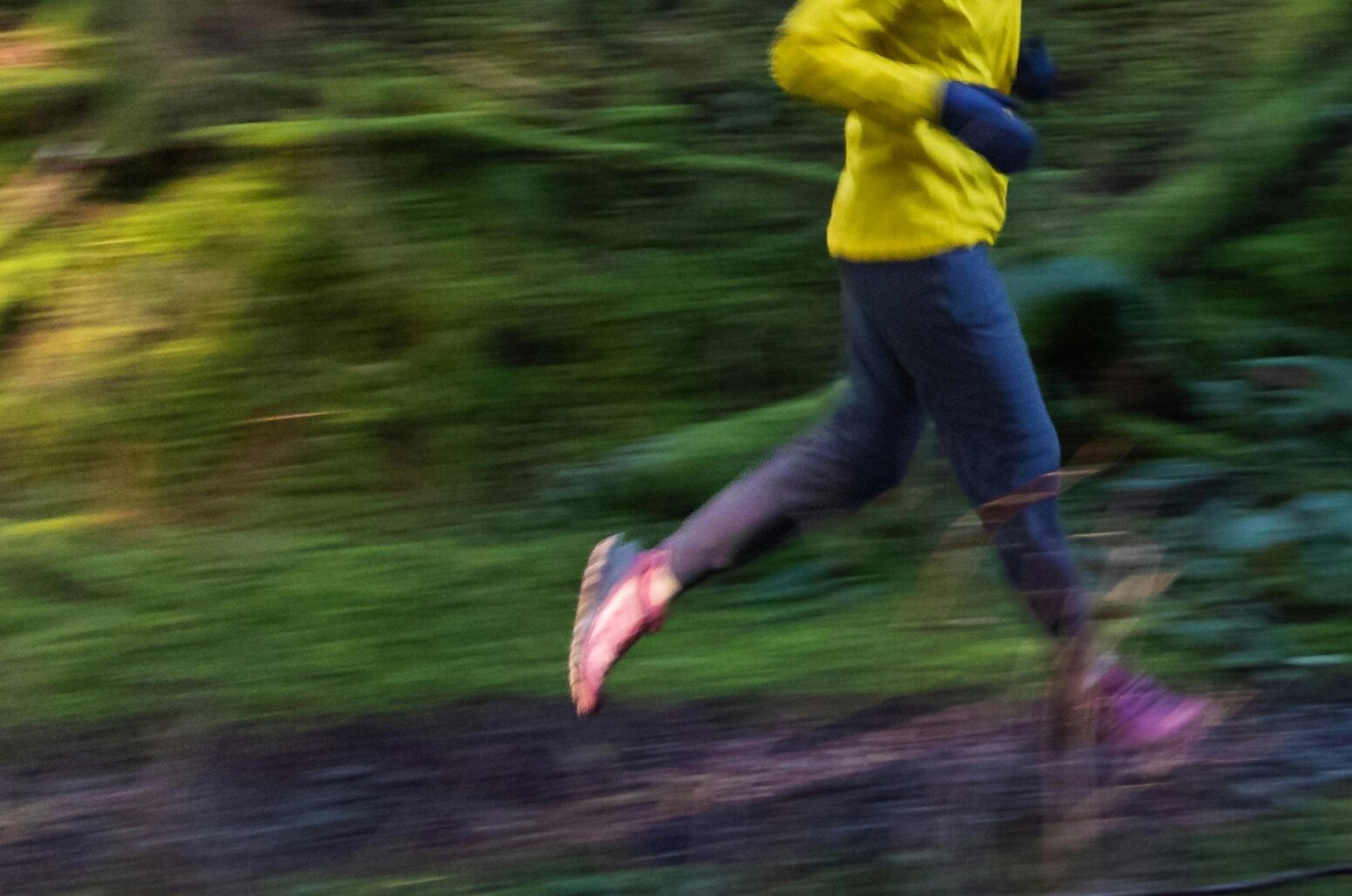 A blurry photo of a woman running on a path through the forest