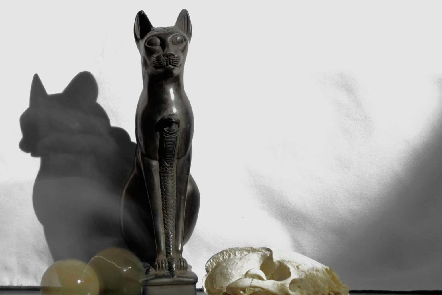 An old, cat figurine, carved out of a dark stone, sitting next to a small, crystal ball and an animal skull.