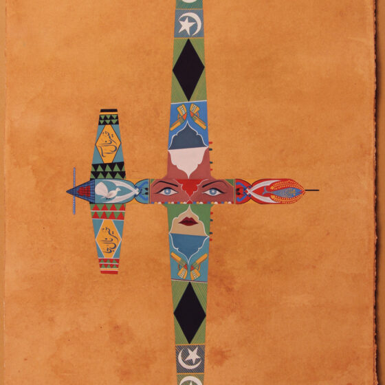 Tea-stained paper with the shape of a large plane on it. The plane is made up of many patterns, including two blue eyes on medium skin, black diamonds on green backgrounds, the symbol for Islam, and two, yellow pistols.