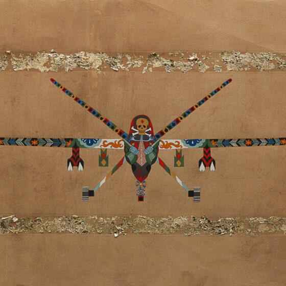 Tea-stained paper with the shape of a large plane on it. The plane is made up of many patterns, including a yellow skull-and-crossbones with a red diamond on its forehead, orange flowers, and black stripes. The plane is surrounded in a large rectangle of gold leaf;.