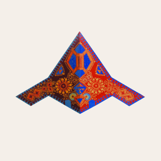 The shape of a rhombus with two parallelograms sticking out from it, completely covered in blue, red, and yellow patterns.