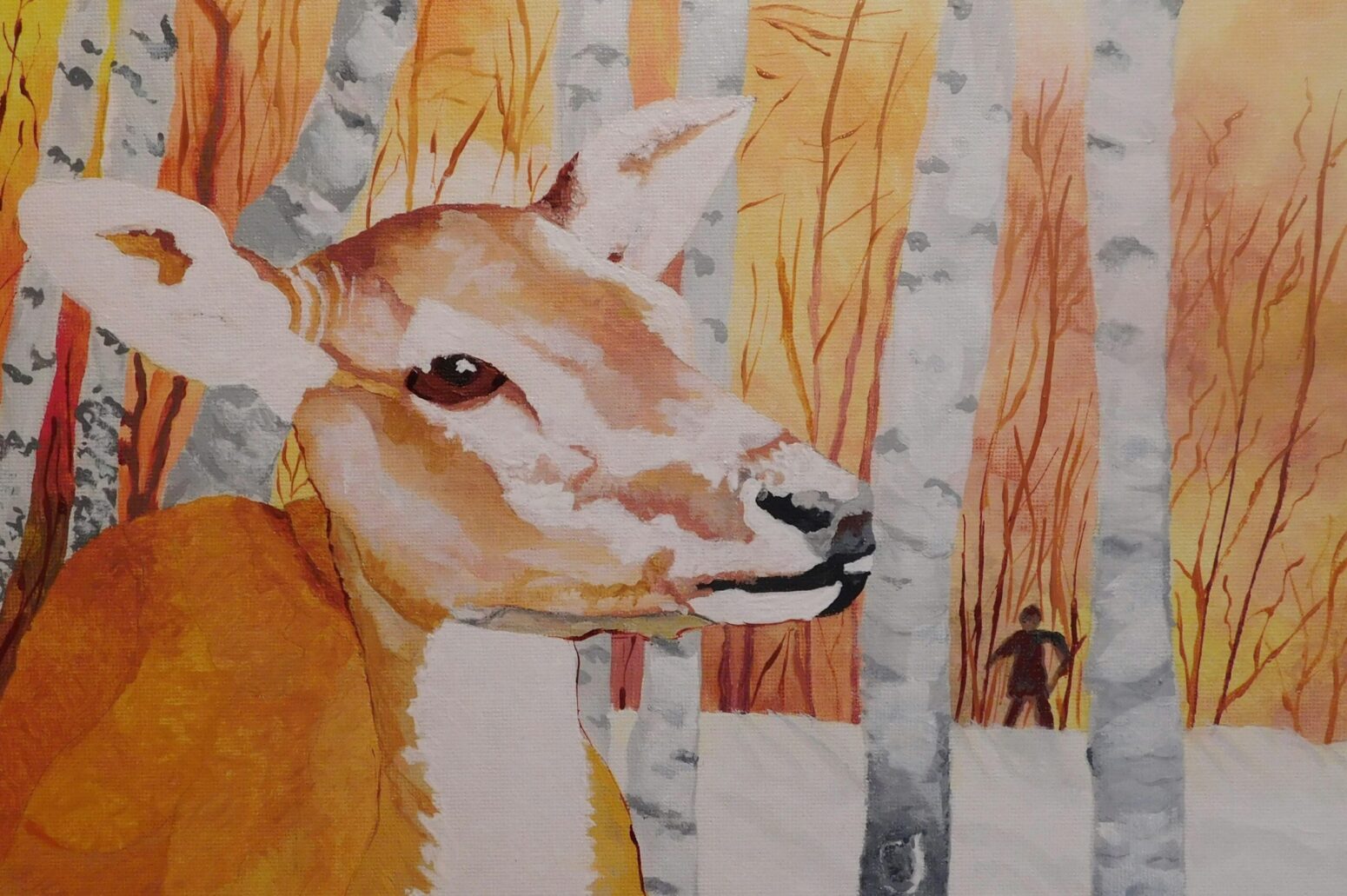 A watercolor painting of a doe in a snowy, birch forest. The silhouette of a hunter stands in the distance against a yellow sky.
