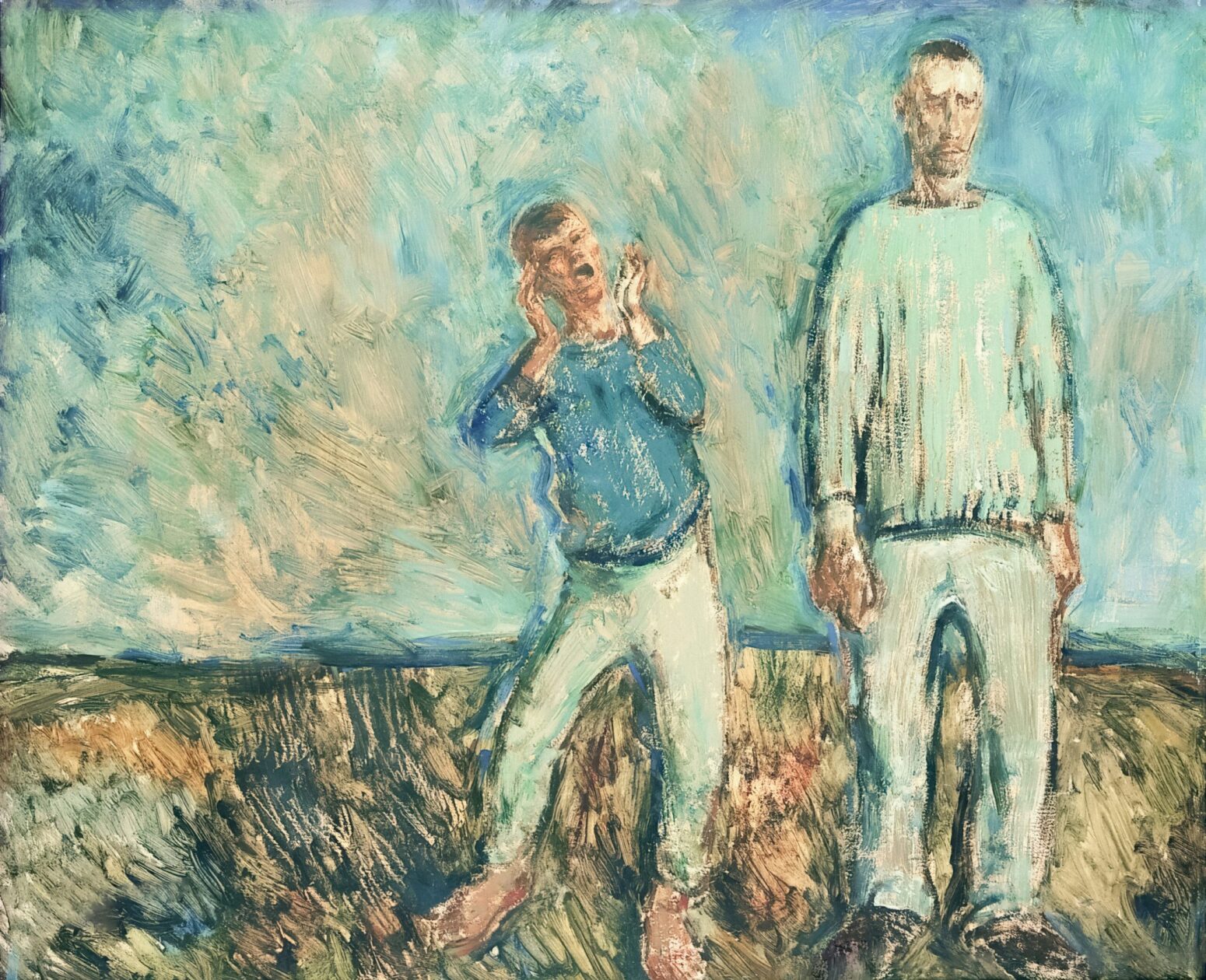 An image of the painting "Isa ja poeg," or "father and son," by Estonian painter Eerik Haamer. It is an impressionist work depicting a son shouting at his father, who seems unresponsive, in an empty field.