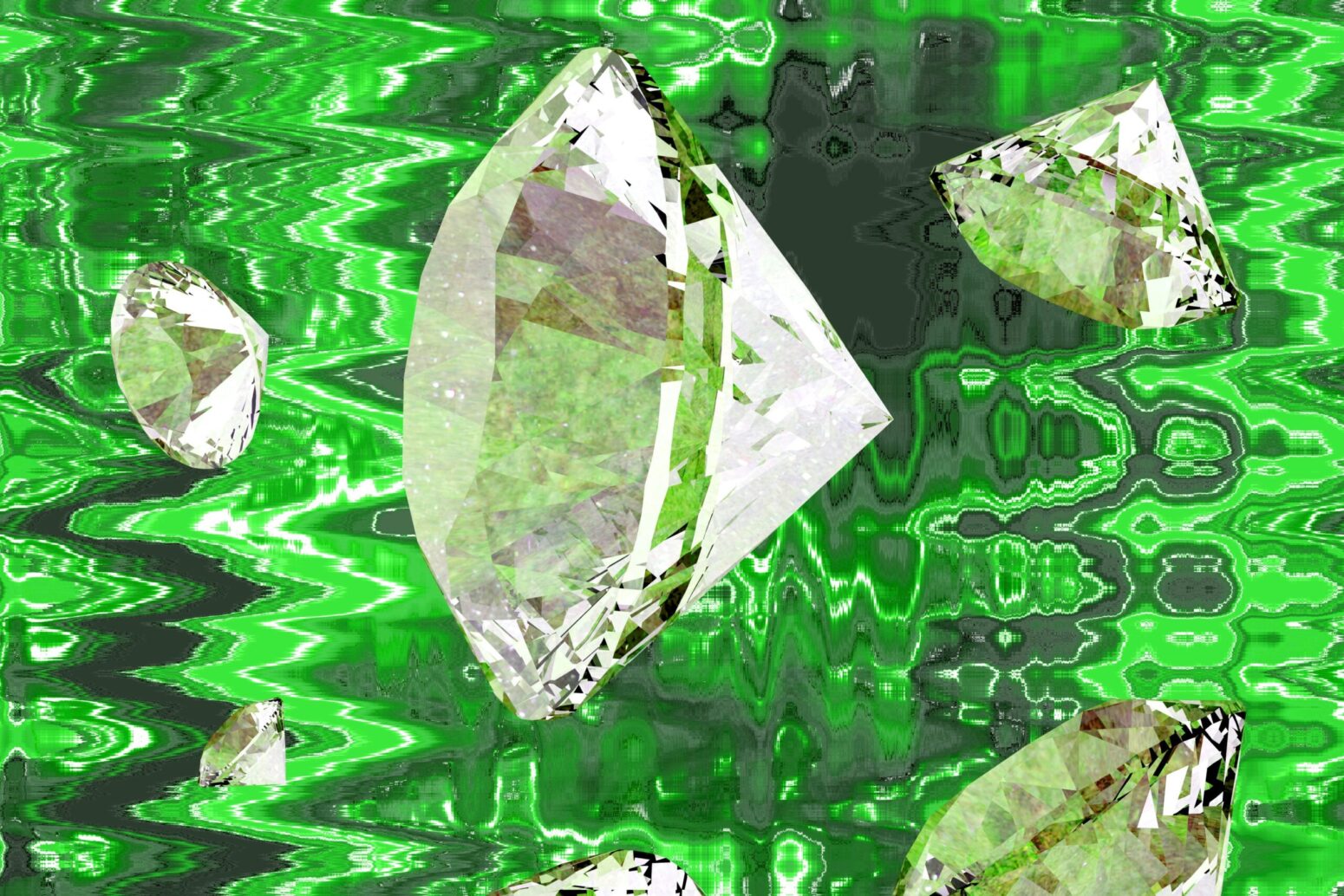 Peridot gems, falling down in front of a green, static pattern background