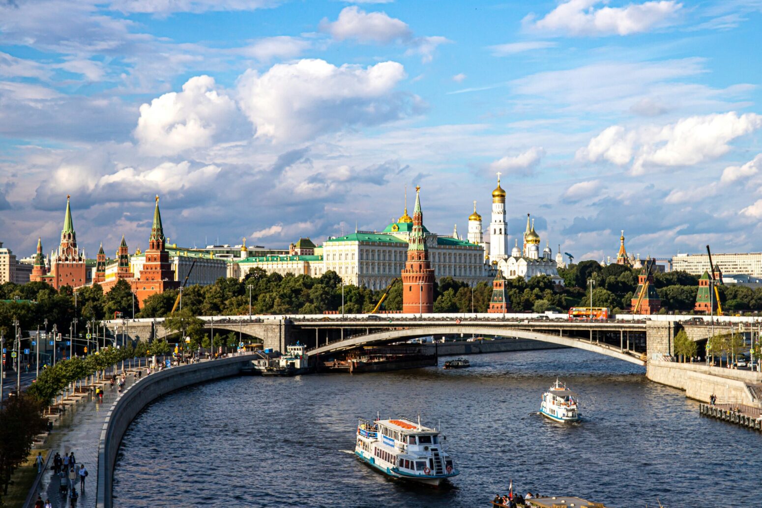 A view of the Moscow river, the Kremlin, and the Cathedral of the Annunciation in Russia
