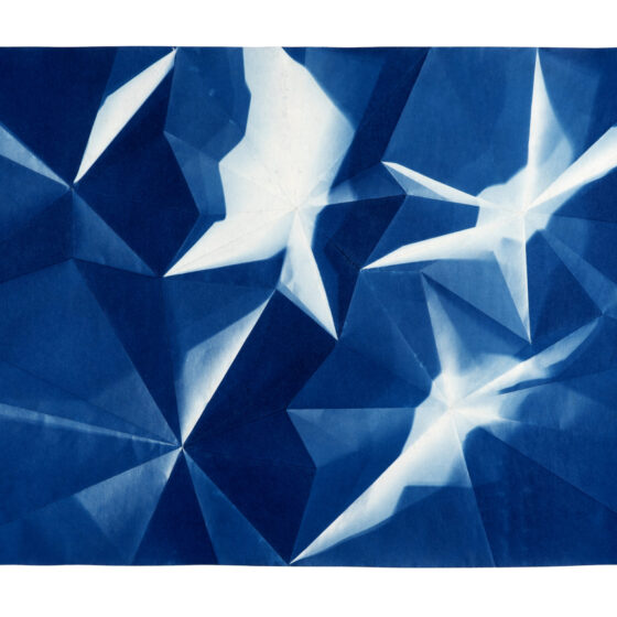 A folded cyanotype photograph showing an array of starburst-like shapes.