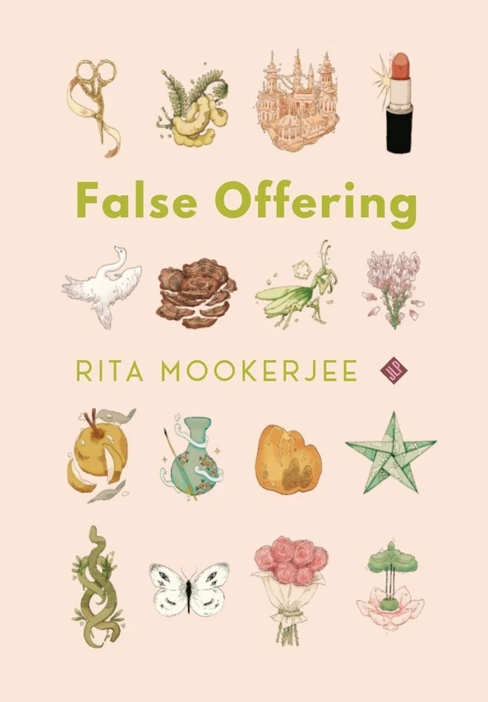 Cover of "False Offering" by Mookerjee. Watercolor illustrations of various objects, animals, and plants on a sand-colored background.