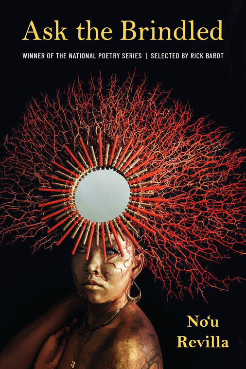 Cover of "Ask the Brindled." Photo of a Native Hawaiian person with bright eyes wearing a read headdress made of coral and shaped like a sun.