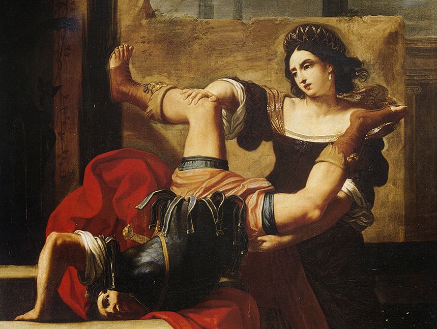 Oil painting of Timoclea pushing her rapist, a captain of Alexander the Great into a well. Based on account by Plutarch.