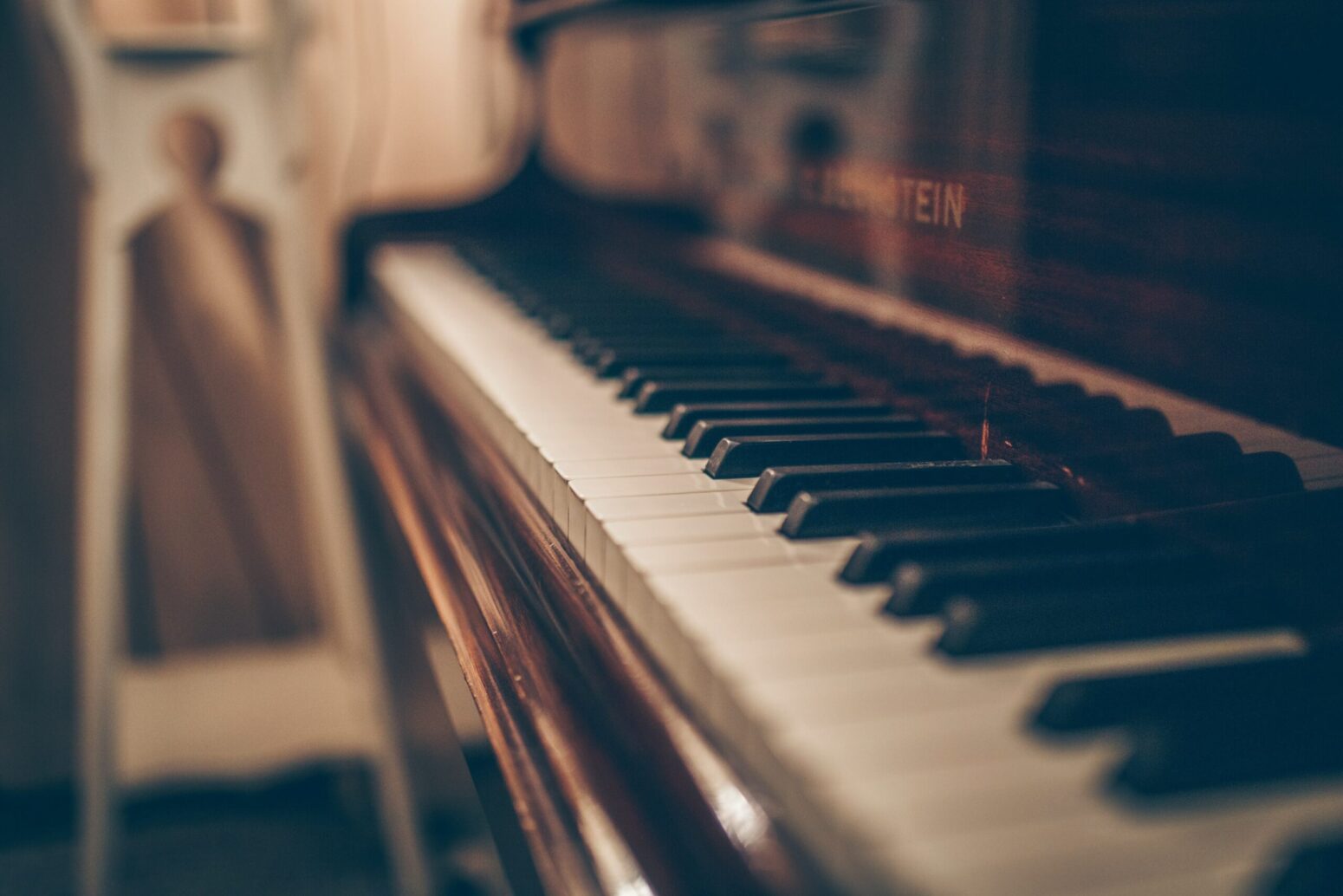 A view down a piano keyboard, from one end.