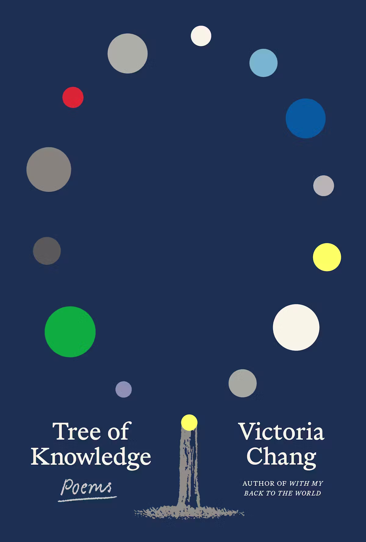Cover of "Tree of Knowledge" by Victoria Chang: illustration of the trunk of a tree with a series of variously-sized dots in an "O" shape representing its canopy, on navy ground.