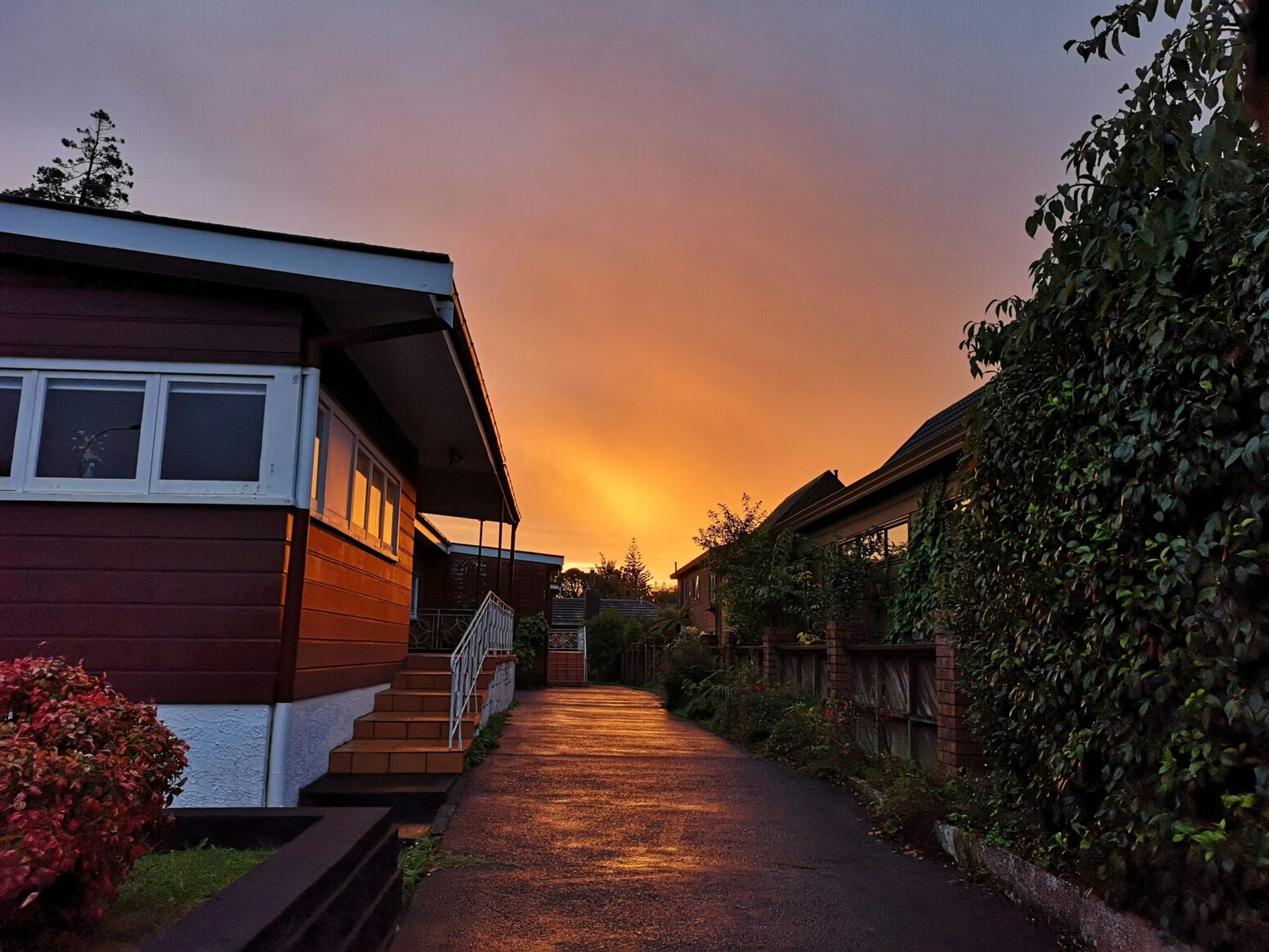 This photograph shows a house during a sunset, with a tree being seen, amongst other objects within the picture.