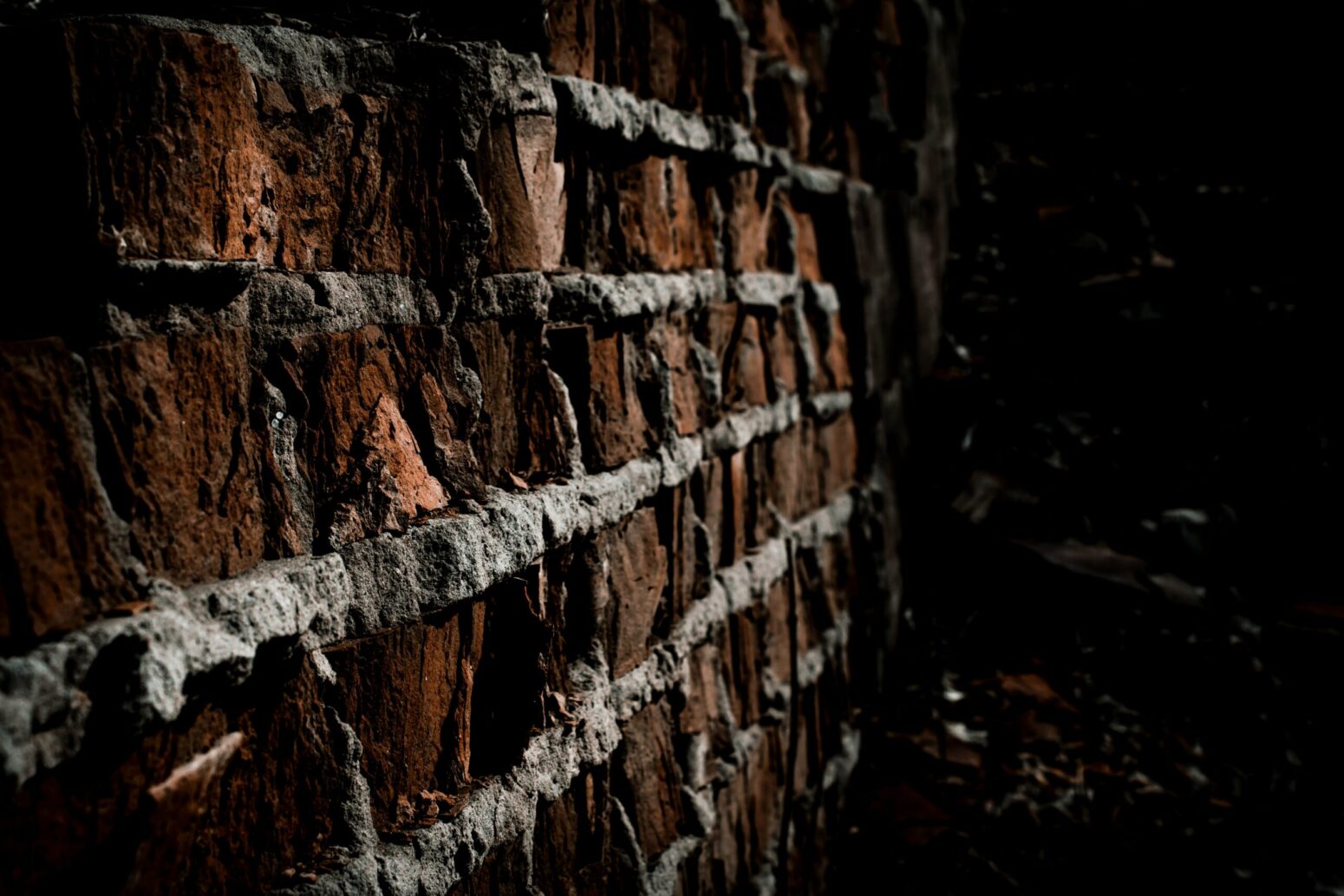 This photograph shows a close-up to a brick wall, with darkness surrounding it.