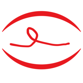 A line drawn in red that crosses over itself forming a knotlike shape, with parentheses shapes above and below