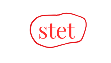 Proofreader's mark: the letters "stet" within a circle. All red.