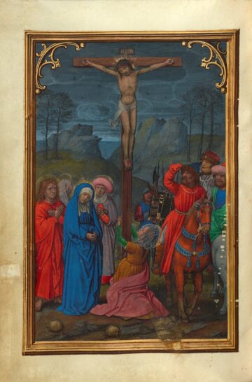 An oil painting of the crucifixion of Jesus.