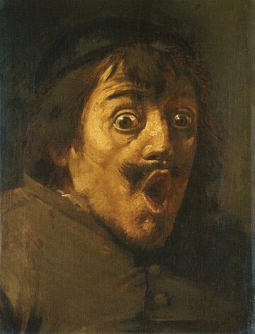 Dutch painting of a man with a wide-eyed look of surprise on his face and his mouth in an "O."