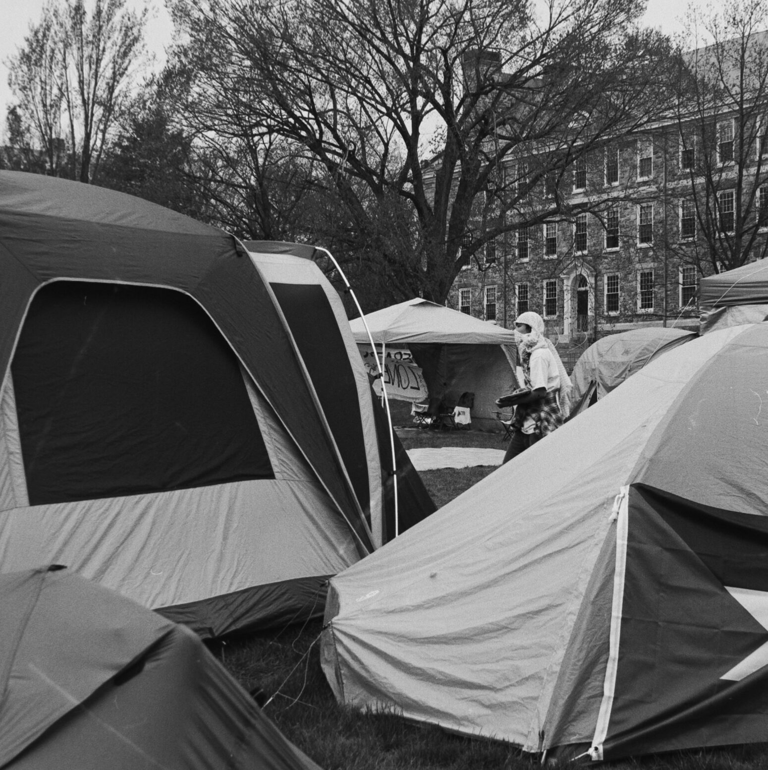 Black and white picture of a lawn with a bunch of tents