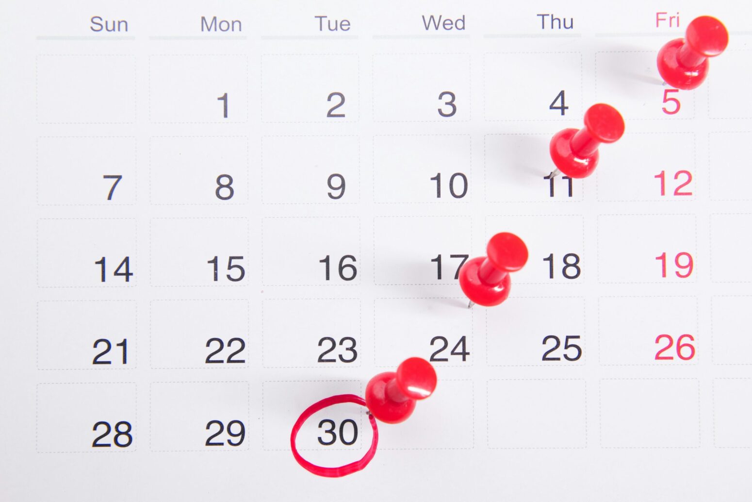A month on a calendar with thumntacks running diagonally on numbers 5, 11, 17, 24, and 30 and a red circle around 30