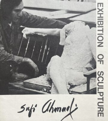 Promotional image for Sufi Ahmad's sculpture show. Sufi sits on a bench beside one of his humanlike sculptures, which vaguely resembles a woman's body.