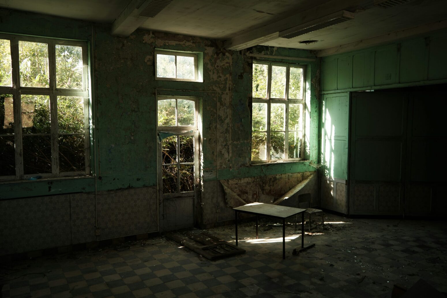An abandoned, dilapidated classroom. The green paint is peeling from the walls, and the broken windows are blocked by overgrown shrubs.
